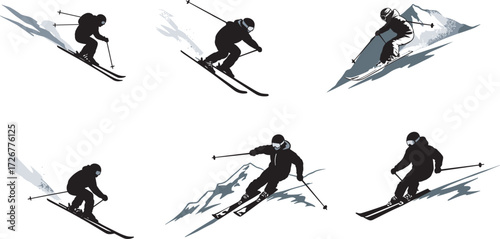 Skier silhouette set, winter sport action, downhill skiing, mountain terrain, snow motion, black vector art, athletic pose, outdoor adventure, ski technique