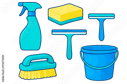 Assortment of household cleaning tools and equipment for maintaining cleanliness and hygiene in homes