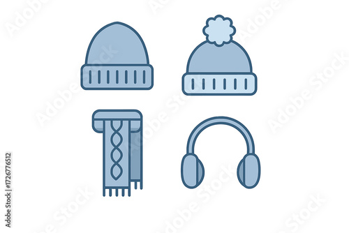 Collection of winter season accessories including warm hats, knitted scarf, and earmuffs for cold weather protection