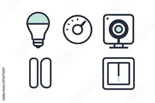 Smart home technology icons with light bulb, camera, gauge, pause, and switch symbols for automation control