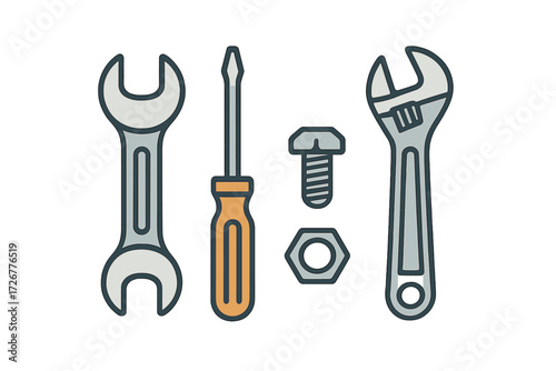 Essential hand tools and hardware items including wrenches, screwdriver, bolt, and nut for various repair and maintenance tasks