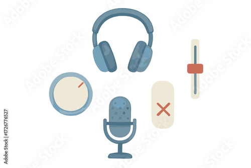 Modern collection of audio recording and listening equipment icons featuring various volume controls and a mute button for sound management and playback interface