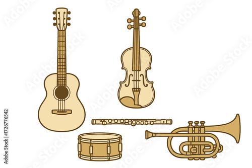 Diverse collection of musical instruments featuring string, woodwind, brass, and percussion, including guitar, violin, flute, drum, and trumpet for music themes
