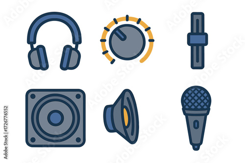 Modern flat design icons representing various audio equipment for music, sound, and broadcasting applications