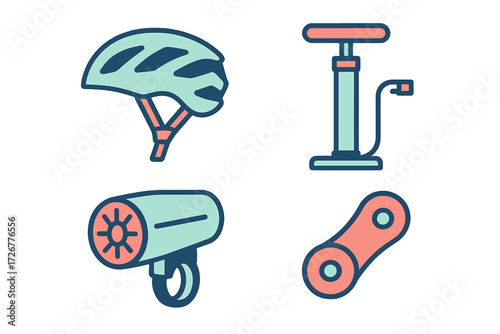 Bicycle accessories for cycling safety and maintenance including helmet, pump, light, and chain link