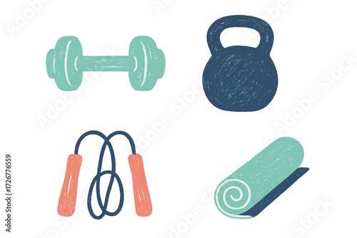Fitness equipment collection with dumbbell, kettlebell, jump rope, and yoga mat for exercise and workout