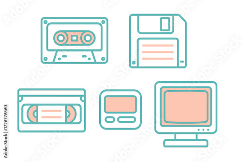 Collection of retro electronic devices and vintage media storage items