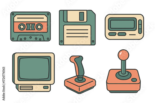Collection of retro technology gadgets, vintage electronic devices, and classic video game controllers from the past