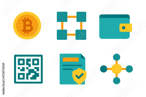 Collection of cryptocurrency blockchain digital wallet QR code security network icons representing modern financial technology and secure digital transactions