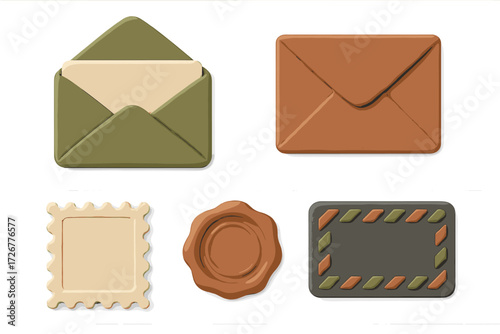 Essential mail and correspondence elements featuring envelopes, a blank postage stamp, and a classic wax seal
