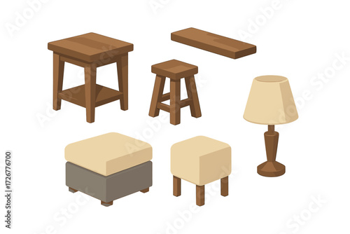 Isometric home furniture collection featuring wooden tables, stools, upholstered ottoman, and a classic floor lamp