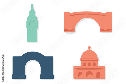 Stylized architectural landmarks and famous travel destination icons in a modern paper cut style with subtle shadow effects