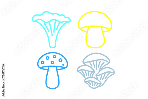 Diverse set of stylized mushroom outlines featuring various shapes and colors for nature and culinary designs