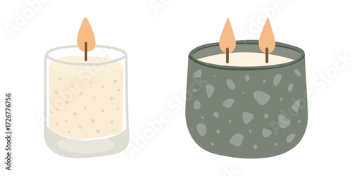 Candles scented vector illustration with minimalist design and soft tones. Terrazzo glass and ceramic boho home decor for spa or living room styling. Modern candle set by hand drawn design.