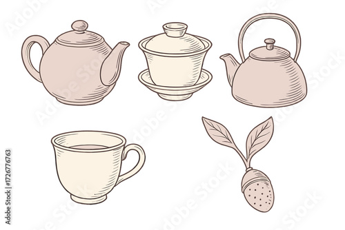 Assortment of traditional teaware and tea ceremony items including teapots, cup, gaiwan, and infuser for hot beverage preparation