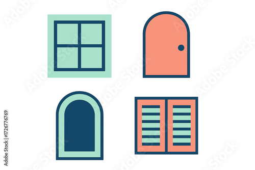 Minimalist architectural elements with various window and door designs in a clean flat style for modern building concepts