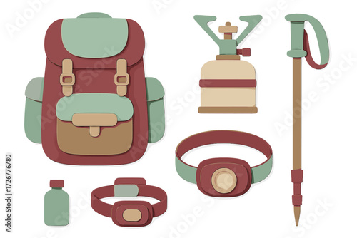 Camping and hiking equipment set with backpack, stove, and trekking pole for outdoor adventures