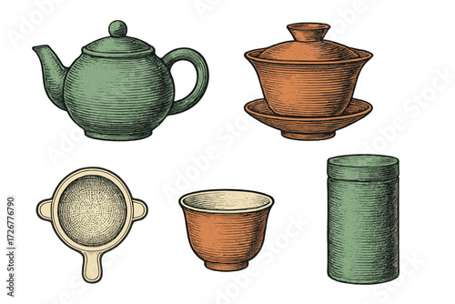 Vintage style collection of traditional Asian tea ceremony utensils including teapot, gaiwan, cup, strainer, and storage caddy