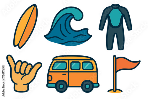 Set of summer surfing and beach vacation elements including ocean waves, surfboard, wetsuit, and travel van