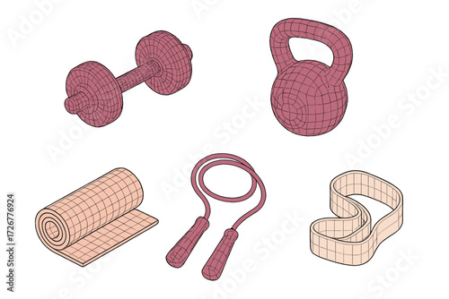 Isometric collection of essential fitness equipment including dumbbell, kettlebell, jump rope, mat, and resistance band for home workouts and gym training