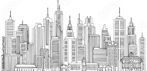 simple line drawing of a city skyline with various buildings, black and white, minimalist, vector illustration