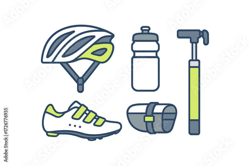 Cycling equipment collection with protective helmet, hydration bottle, air pump, shoe, and storage bag for active riders