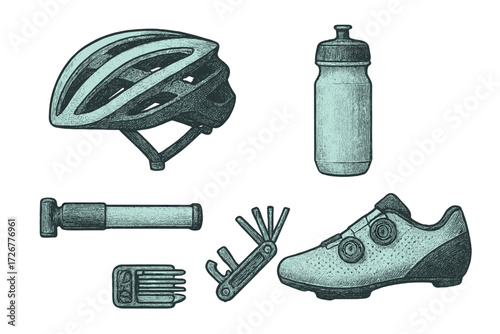 Essential cycling gear collection featuring helmet, water bottle, pump, multi-tool, and shoe for bicycle riders