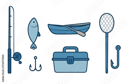 Detailed set of fishing tools including rod, reel, fish, boat, tackle box, net, and hooks for outdoor activity