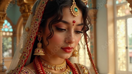 Divine Goddess Radha's ethereal beauty showcased in a mesmerizing 4K video, set against a luminous crystal palace background, radiating grace and light