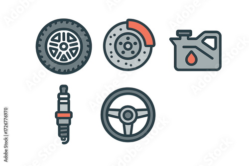 Essential automotive components with car wheel, brake system, oil container, engine spark plug, and vehicle steering wheel
