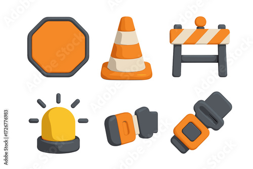 Collection of safety and road construction elements including stop sign, traffic cone, barrier, flashing light, and seatbelt buckles