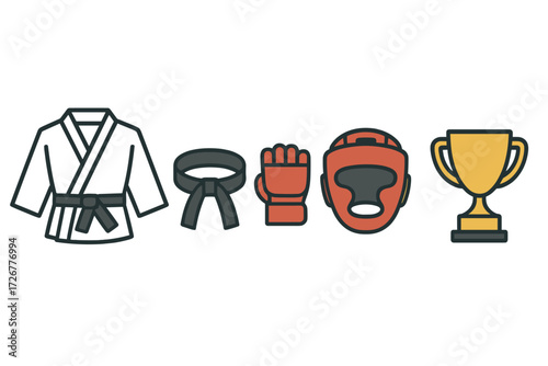 Various martial arts training apparel, protective headgear, gloves, and a golden championship trophy