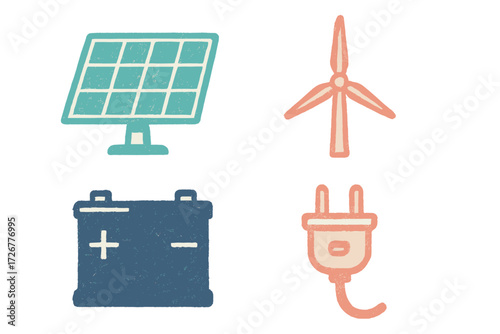 Solar panel, wind turbine, battery, and electric plug for sustainable energy and power sources