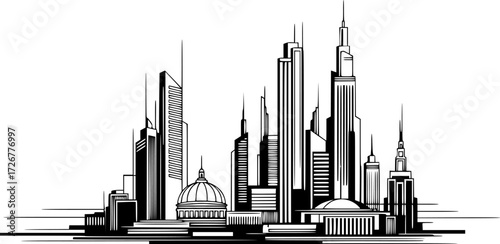simple line drawing of a city skyline with various buildings, black and white, minimalist, vector illustration