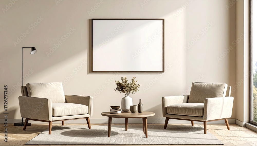 Fototapeta premium Beige living room with art display