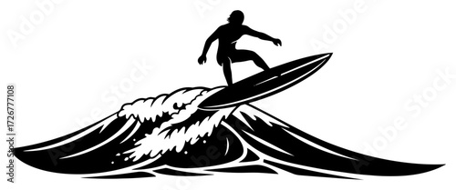 Surfer carving across cresting ocean wave in dynamic silhouette – bold adventure sports icon vector design