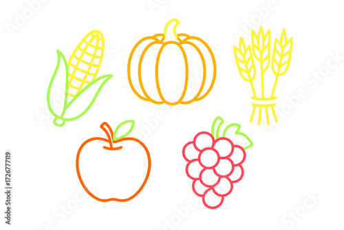 Assortment of brightly colored outline autumn harvest produce including corn pumpkin wheat apple and grapes