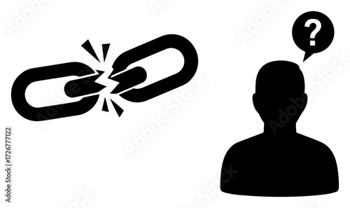 Broken chain link next to anonymous user silhouette with question bubble – simple flat security breach / unknown account icons vector illustration