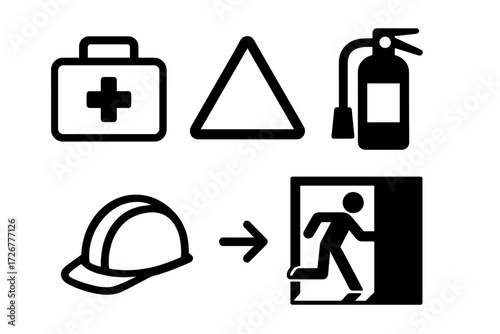 Set of essential industrial safety equipment, emergency exit, and warning signs for workplace protection