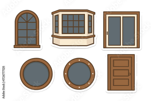 Collection of architectural elements with various window styles including arched, bay, and porthole designs alongside a classic wooden door