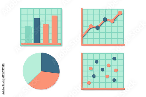 Comprehensive collection of business data visualization charts with bar graph, line graph, pie chart, and scatter plot elements