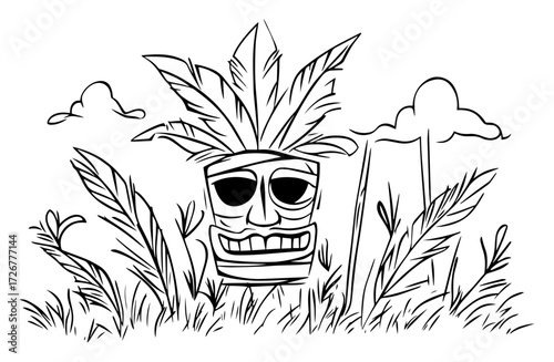 Grinning tribal tiki mask hidden among lush palm leaves and tall grass – exotic island jungle scene sketch illustration