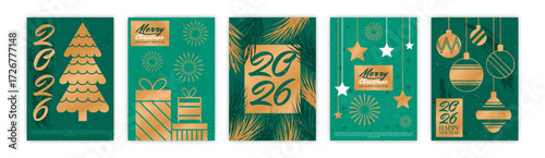 Christmas tree holiday card. Party background for 2026. Xmas gift and fir toy. Happy New Year greeting template. Modern design. Golden pattern decoration. Winter celebration banners vector garish set
