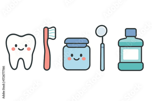 Cute dental hygiene tools set with happy tooth, toothbrush, dental floss, mirror, and mouthwash for oral health