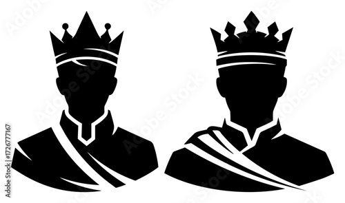 Regal king and queen profile silhouettes crowned in royal splendor – minimalist monarch couple emblem vector design