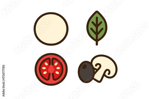 Variety of fresh pizza toppings and ingredients including mozzarella cheese tomato slice basil leaf black olive and mushroom