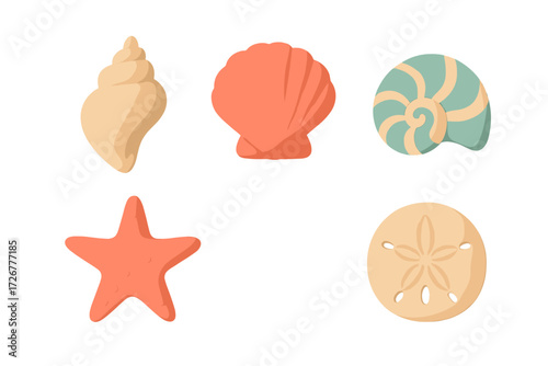 Collection of stylized marine life elements including various seashells, a starfish, and a sand dollar in soft pastel colors