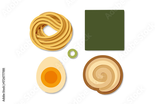 Stylized Asian cuisine ingredients set with coiled noodles, halved egg, green seaweed, and spiral fish cake in layered paper cut style on white background