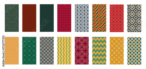Seamless geometric pattern. Bright color background. Art deco line ornament with flat circles and squares. Texture abstract repeat print. Retro minimal decor wallpapers set. Vector textile tidy design