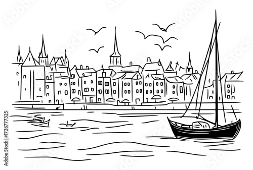 Historic waterfront town with tall masts and birds over calm harbour – charming old port cityscape line drawing